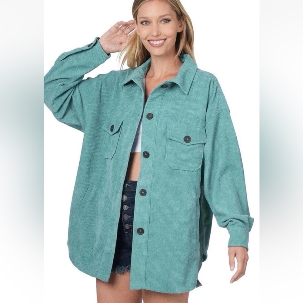 Zenana Dusty Teal Corduroy Shacket Oversized Button Down Long Sleeve Shacket M